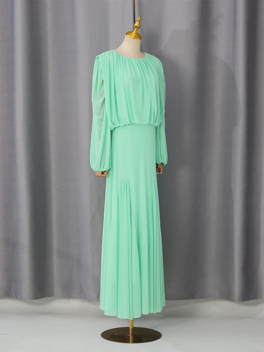 VGH Yellow Dinner Loose Folds Maxi Dresses for Women O Neck Shoulder Pud High Waist Temperament Dress Female Fashion Clothing