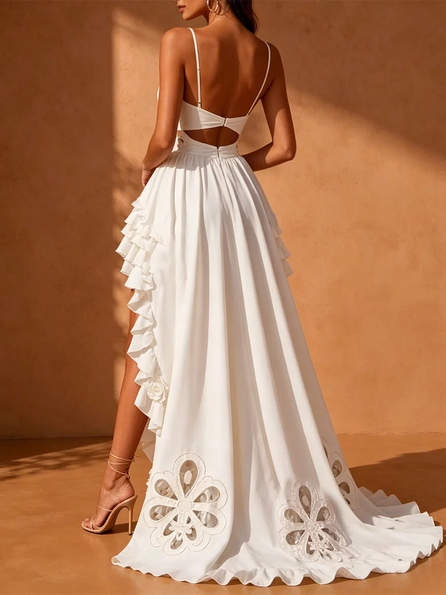 VGH Romantic Boho Delicate Dreamy Ruffled Summer High Low Dress for Women Spaghetti Strap Floral Cutout Hollow Maxi Party Gown