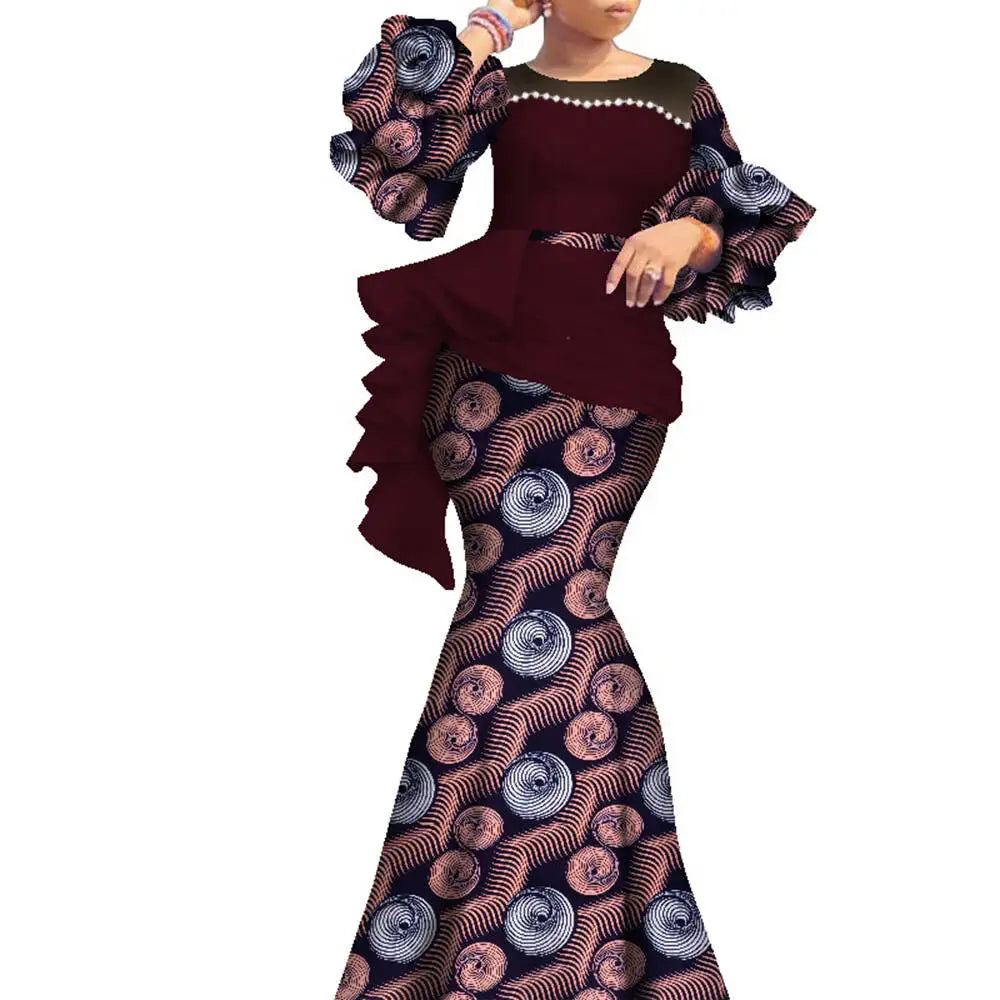 African Women's Long Dress Dashiki Traditional Costume Pearl Dresses Lantern Sleeve Ankara Wedding Party Clothing WY7769