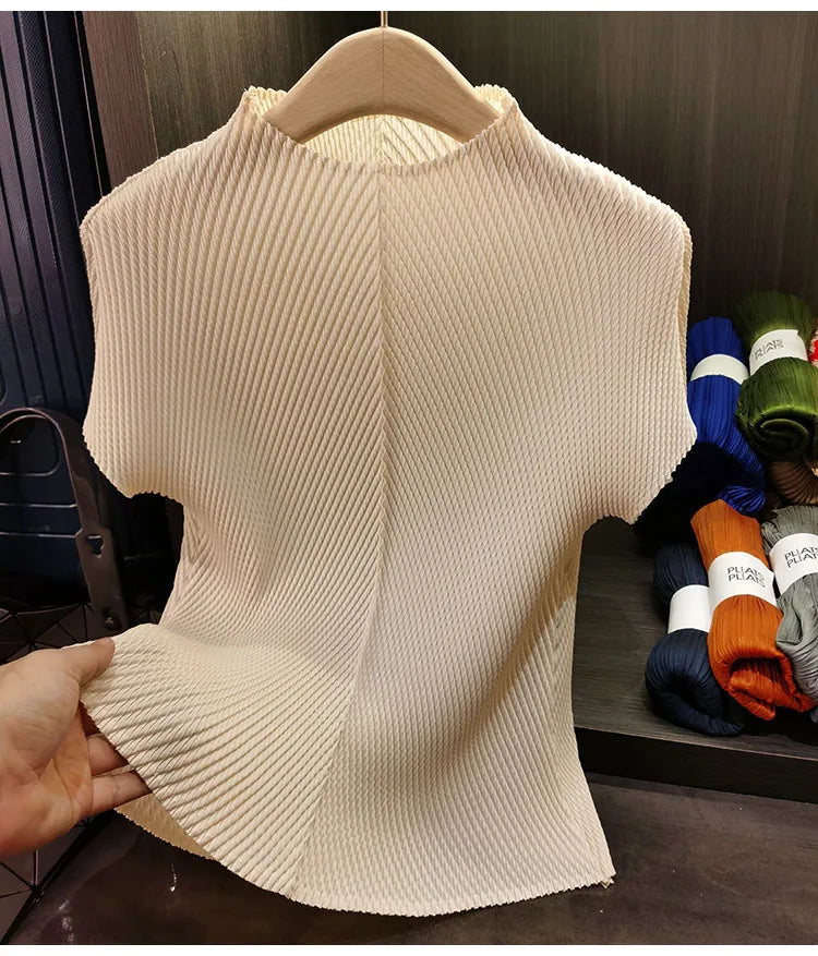 LANMREM Stand Collar Dragon Scale Pleated T-shirt High-end Versatile Slimming Short Sleeved Women's Summer Pullover Tops 2DB3044
