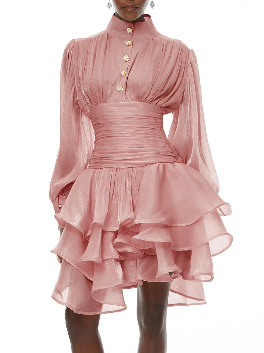 VGH Elegant Pink High Neck Organza Fabric Mini Dresses for Women Puff Sleevs Ruched Waist Tiered Ruffles for Cocktail Parties