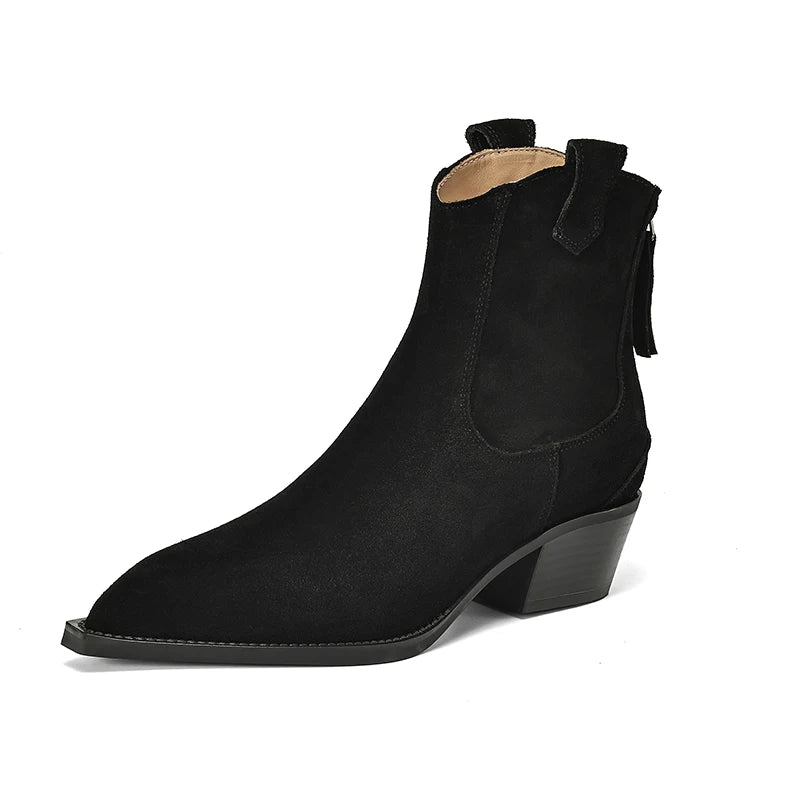 New 2025 Trend Autumn Cow Suede Women Western Boots Black Brown Khaki Chocolate Green Burgundy Pointed Toe Ladies Ankle Boots