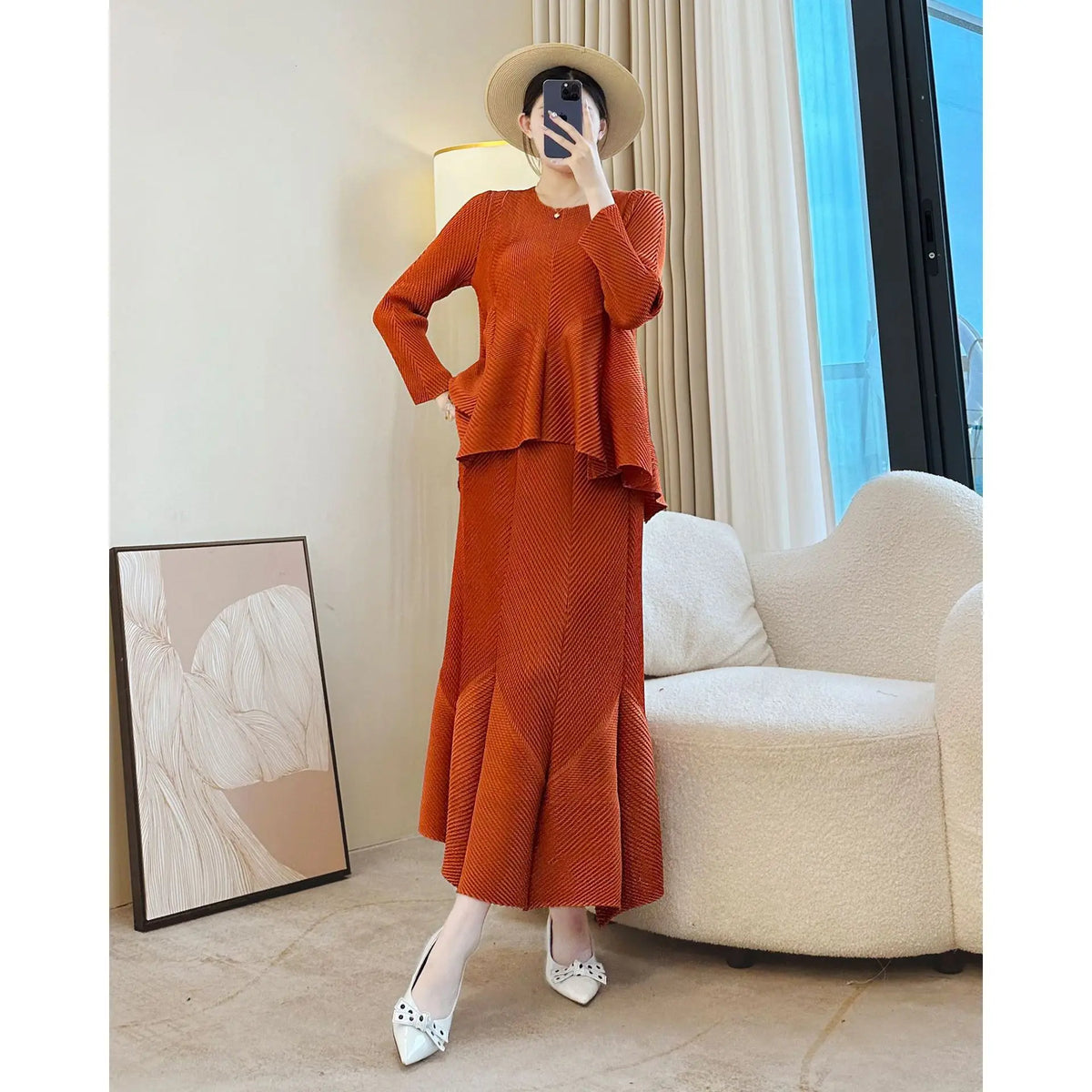 Women's Pleated Two-Piece Top and Skirt Set