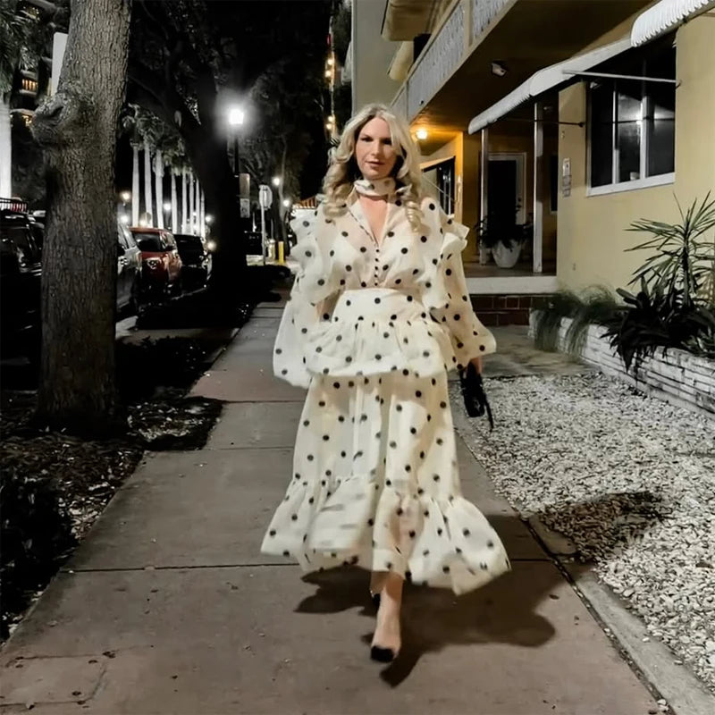 Polka Dot Skirt 2 Piece Set Women Casual High Collar Tie Full Sleeves Elastic High Waist Long Skirt Suit Lady Daily Outfit New
