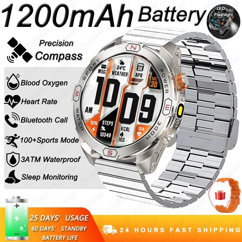Military Grade 1200 mAh Battery Smart Watch Men LED Flashlight Outdoor Sports Fitness Tracker Compass Bluetooth Call Smartwatch