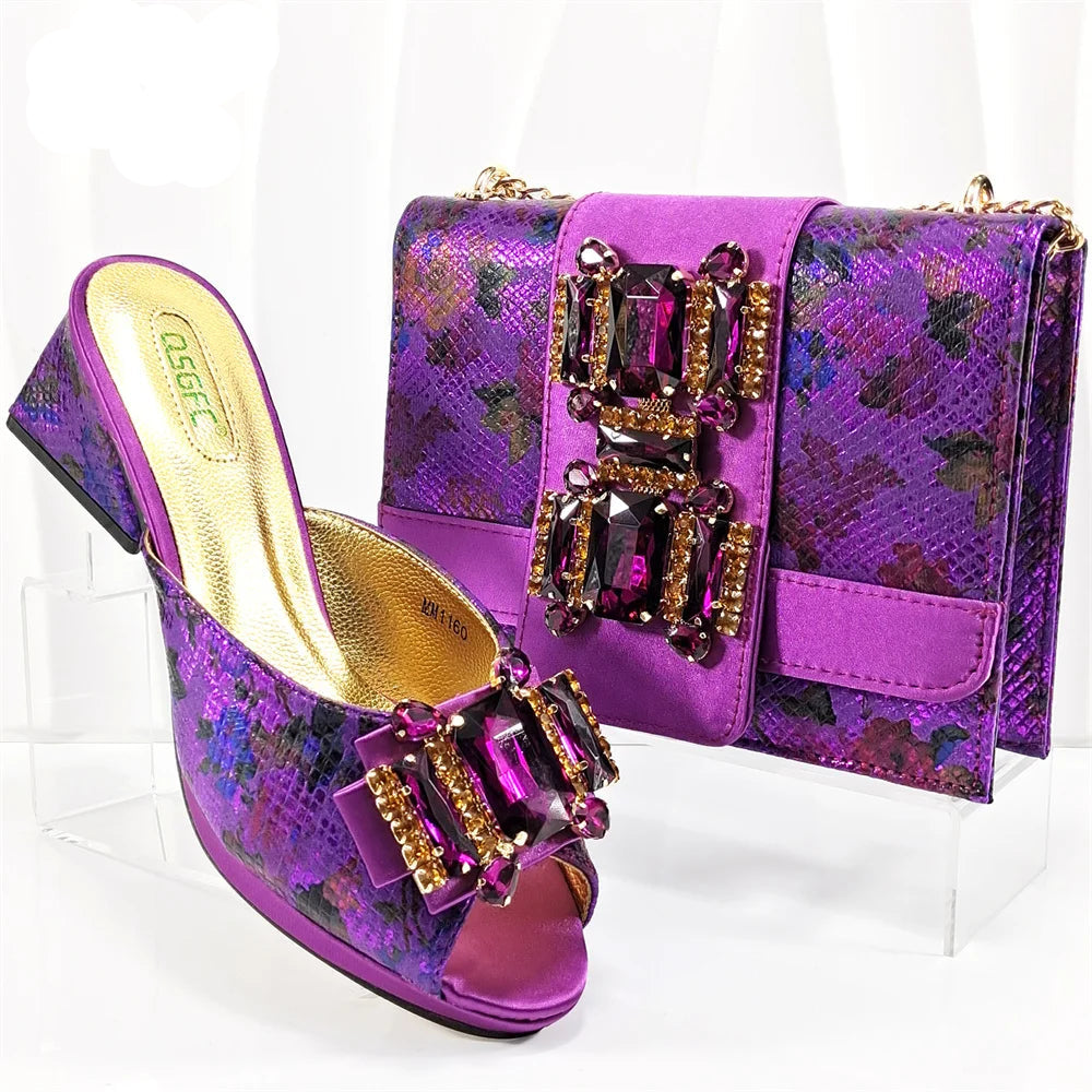Italian New Arrivals Shoes and Bag Set in Green Color High Quality Specials Design Slipper with Crystal for Wedding Dress