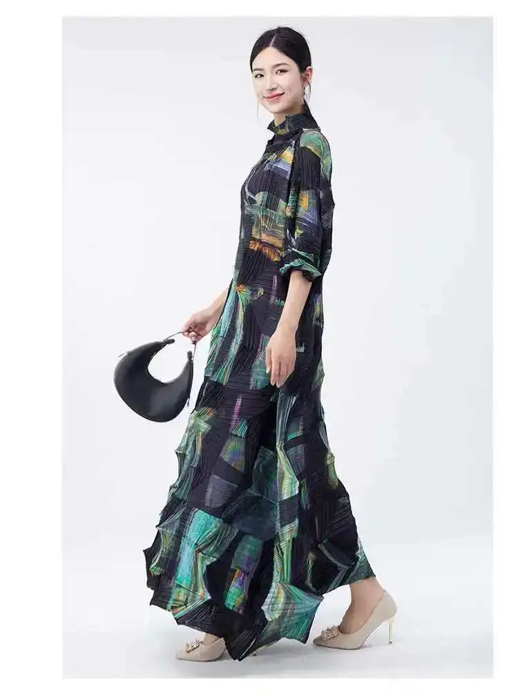 LANMREM Large Size Pleated Dress For Women Turtleneck Printing Loose Dresses Female Casual Clothing 2025 Spring New 2DB2113