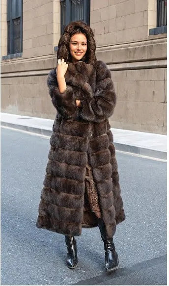 Manteau Chic Vintage Marron pour Femme, en Fausse Fourrure, à Capuche, Chaud, Épais, avec Bordure en Fourrure, Respectueux de l'Environnement