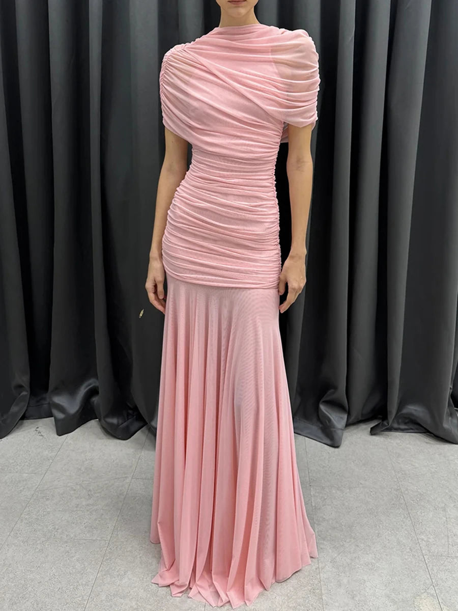 VGH Luxury Galas Event Black Sheer Mesh Ruched Maxi Dress for Women O Neck Short Sleeves Bodycon Silhouette Skirt for Red Carpet