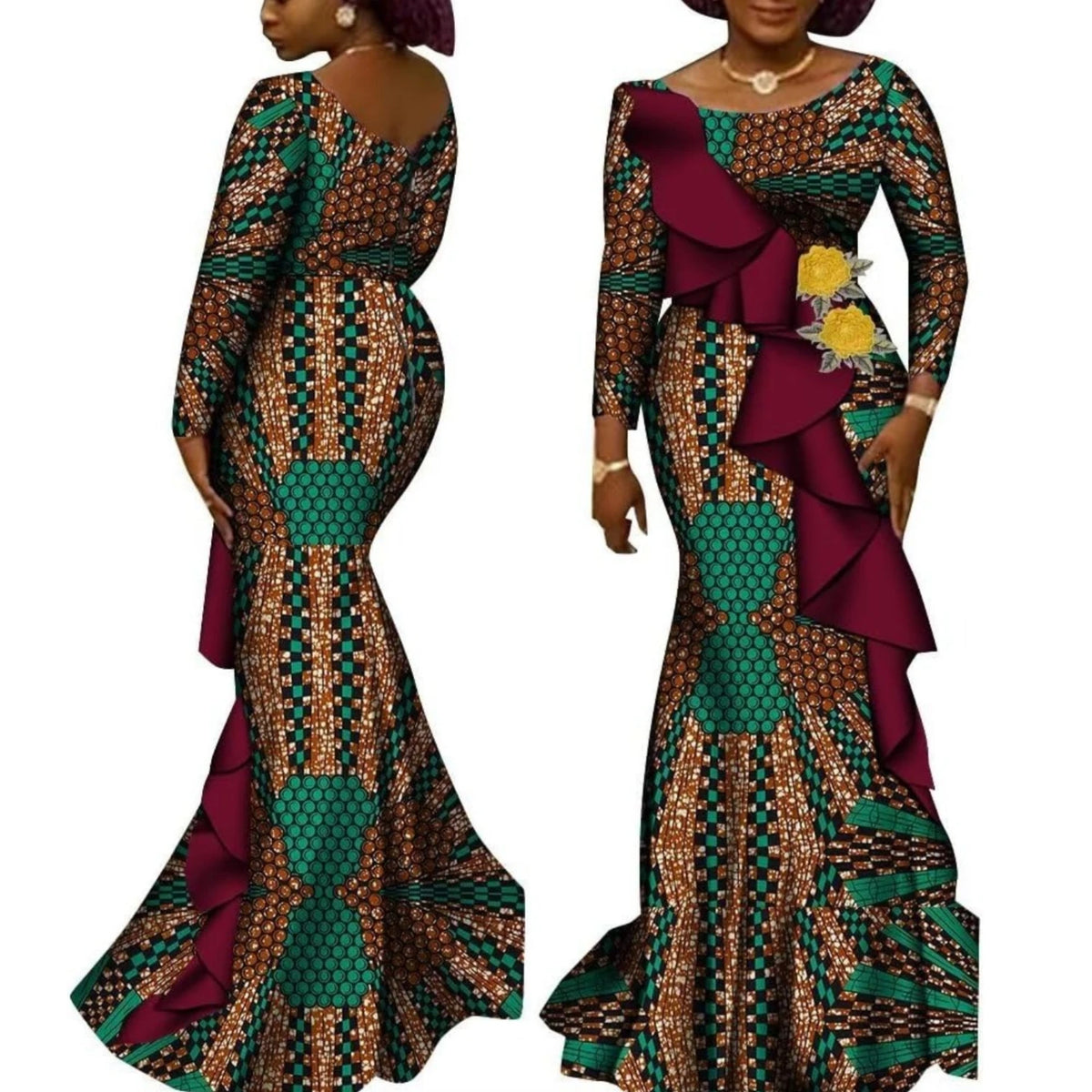 Long Sleeve African Dresses for Women Cotton Ankara Print African Clothes for Wedding Wear Lady Dashiki Party Dresses WY9200