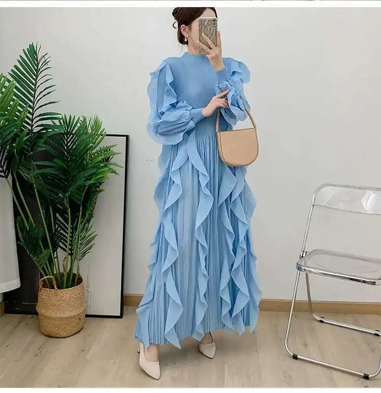 LANMREM Elegant Pleated Dress For Women Stand Collar Puff Sleeves High Stretch Personalized Dresses 2025 Spring New 2Z2817