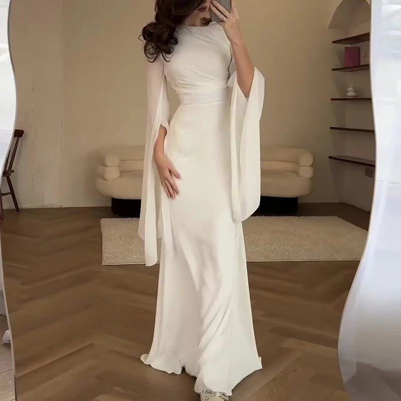 Robe en Satin Couleur Unie pour Femme, Robe de Soirée Élégante à Col Rond, Manches Chauve-souris, Taille Haute et Plissée, Robe Longue Mince et Tempéramentale