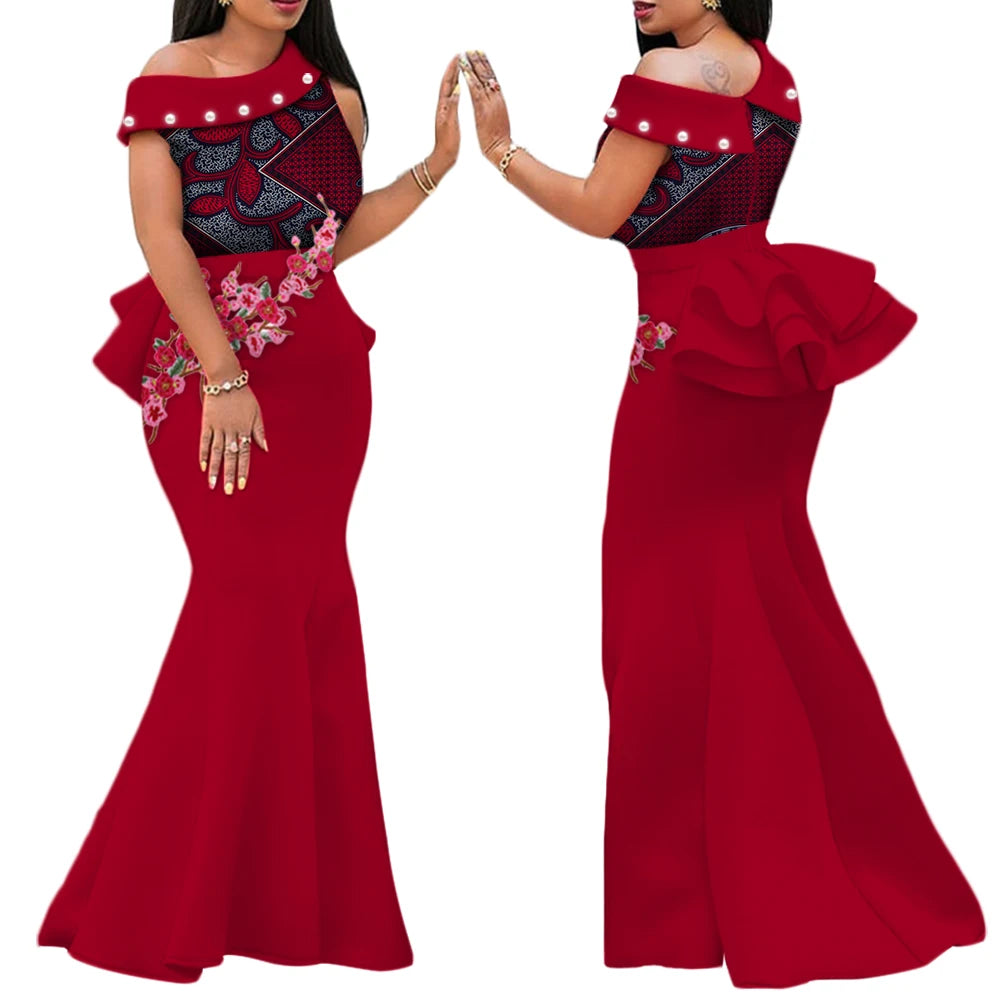 Women’s Ankara Print Appliqué & Pearl Long Dress – Draped | Kanga Riche | Wedding, Party & Traditional | XS–6XL + Custom | 11 Prints