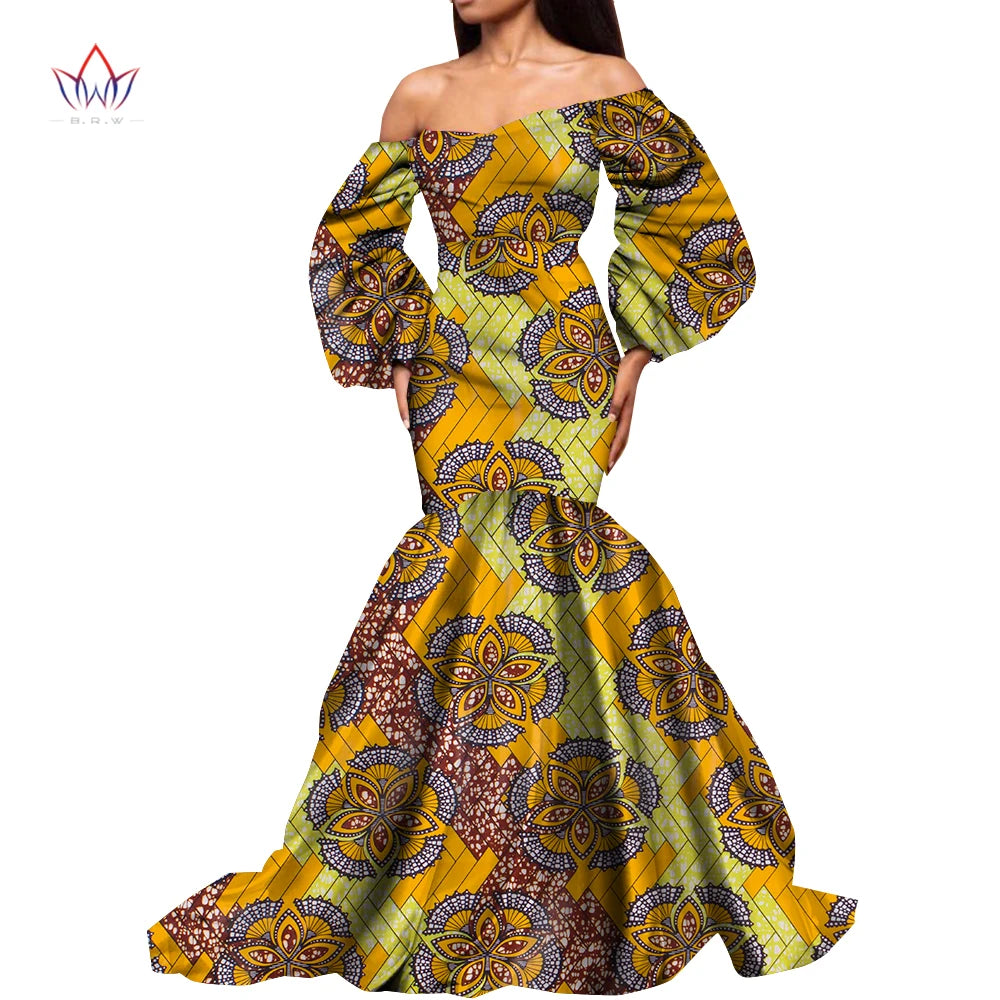 Dashiki African Dresses for Women Daily Party Wedding African Women Dresses Floor-Length Long Puff Sleeve Bandeau Dress Kg1092