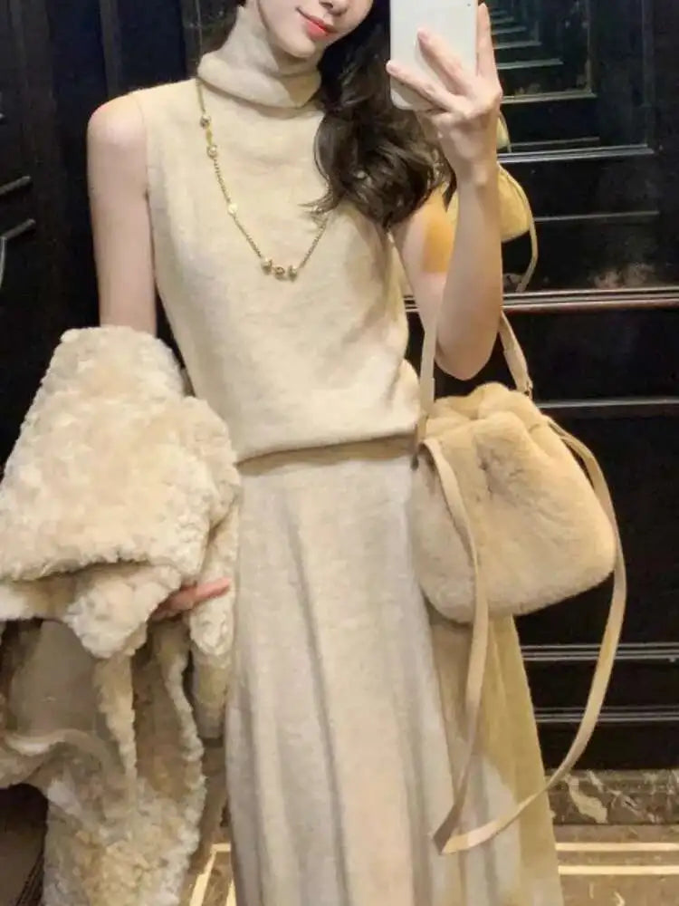 Ensemble 3 Pièces Tricoté Élégant Femme – Long Cardigan, Gilet Sans Manches, Jupe Longue Taille Haute Évasée