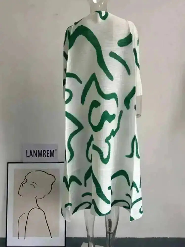 LANMREM Color Block Pleated Dress Women Loose Style Long Length Fashion Dresses Festival Clothes 2024 Spring Summer New 2DA1028