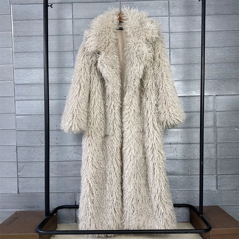 LANMREM Colorful Women's Furry Coat Rose Pink Faux Fur Coat Suit Collar Autumn Winter Thick Cardigan Long Overcoat Chic 2DB5859
