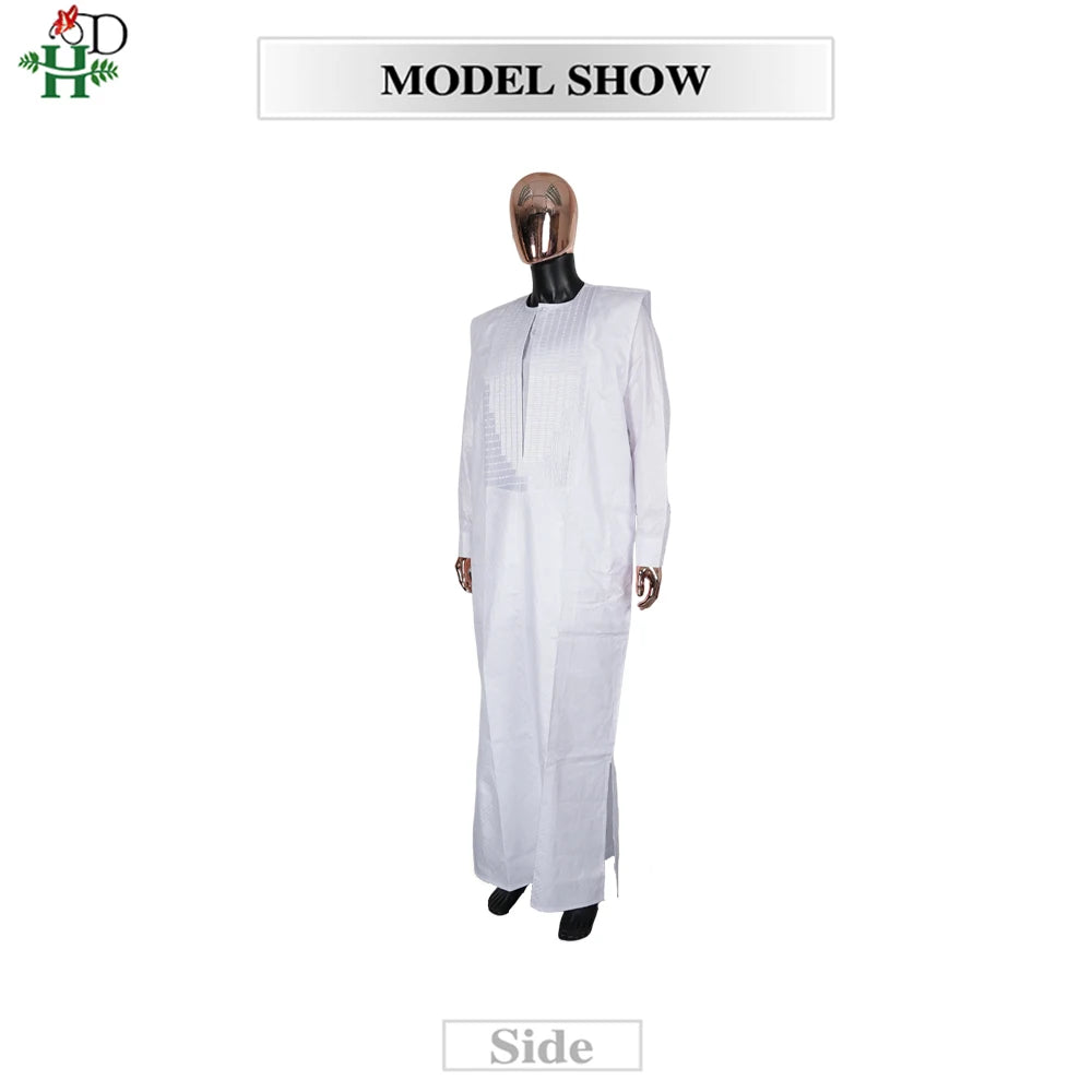 H&D African Clothing For Man Traditional Agbada Sets 3PCS Thobe Pant White Bazin Riche Embroidery Suits Wedding Party Plus Size