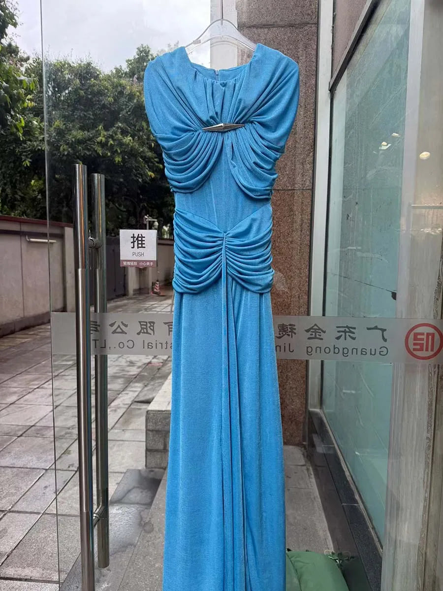 VGH Elegant Light Luxury Maxi Dress for Women Cape Sleeve Cutout Twist Waist Long Gown for Celebrity Formal Dinner Party Outfit