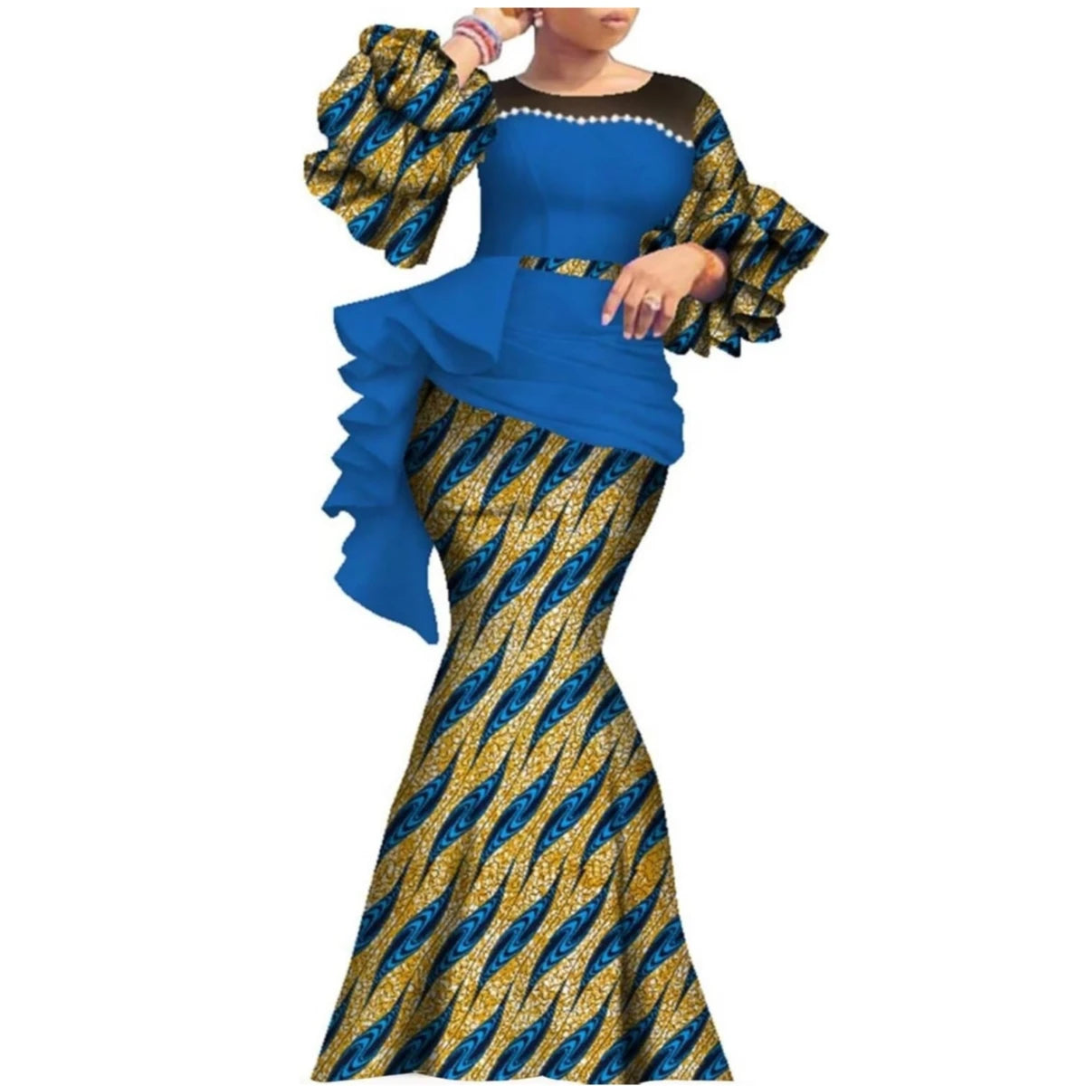 Women’s Ankara Print Lantern Sleeve Maxi Dress – Dashiki | Pearl Detail | Cotton Wax | Wedding & Party | XS–6XL + Custom | 14 Prints