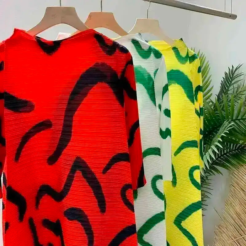 LANMREM Color Block Pleated Dress Women Loose Style Long Length Fashion Dresses Festival Clothes 2024 Spring Summer New 2DA1028