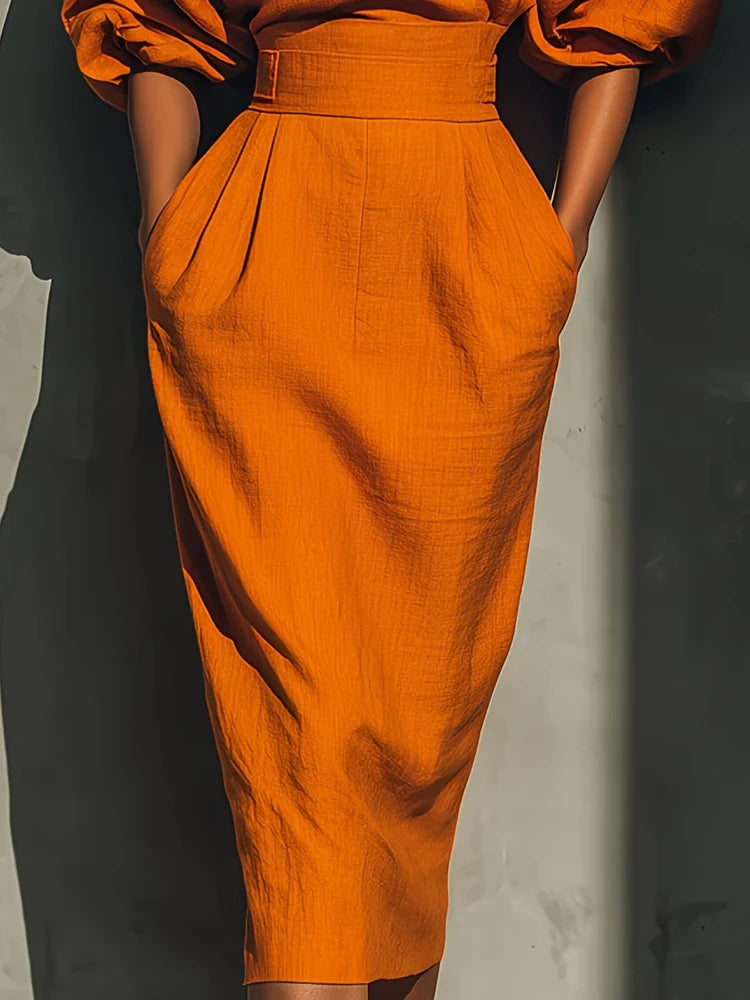 Elegant Fashion Solid Party A-lien Dress Casual O-neck Lantern Sleeve Pocket Dress Temperament High Waist Pleated Wrap Hip Dress