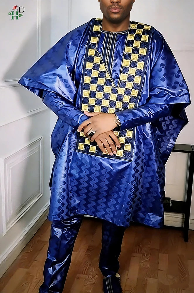 Men's African Agbada 3-Piece Set | Blue Bazin Riche Embroidery Shirt & Trousers | Wedding & Party