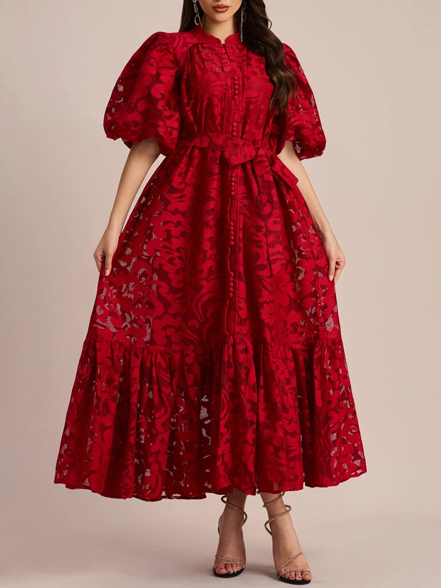 VGH Fashion Patchwork Bow Mesh Dresses for Women Round Neck Long Sleeve Spliced Embroidery Temperament Dress Female Clothing New