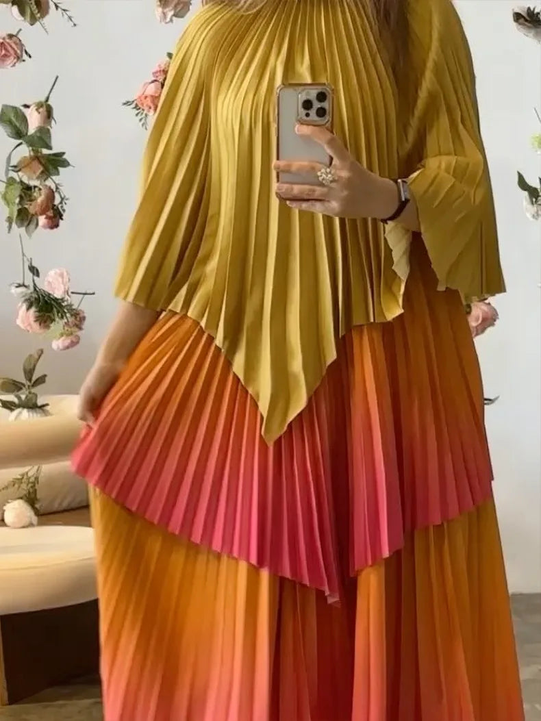 Women's Gradient Pleated Two-Piece Set | Irregular Top & High-Waist A-Line Skirt | Plus Size | AvantBah