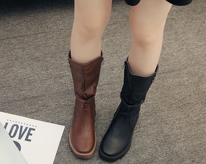 Footwear Half High Mid Calf Ladies Boots Flat Black Shoes For Women Round Toe Chic Point Hot Promotion Fashion 2025 Demi-season