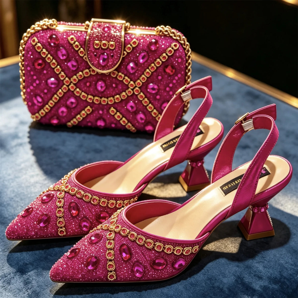 New Italian Design Blue Rhinestone High Heel Shoes & Bag Set Elegant Pointed-Toe For Women Wedding Party Evening Occasions
