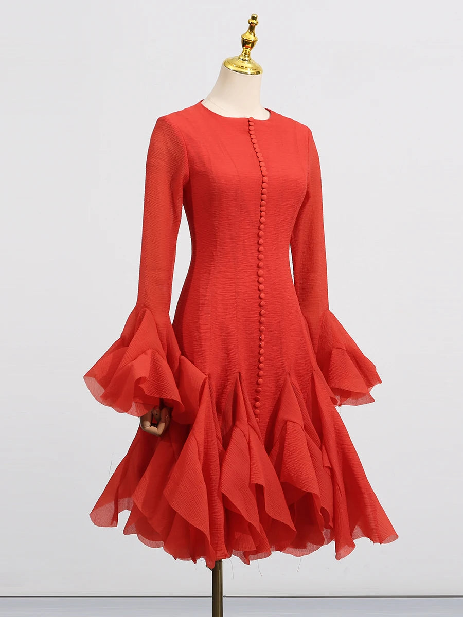 VGH Patchwork Irregular Hem Midi Dress for Women Round Neck Ruffles Sleeve High Waist Temperament Elegant Prom Dresses Female