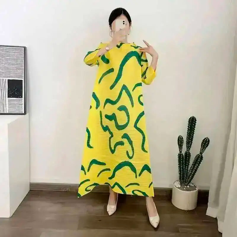 LANMREM Color Block Pleated Dress Women Loose Style Long Length Fashion Dresses Festival Clothes 2024 Spring Summer New 2DA1028