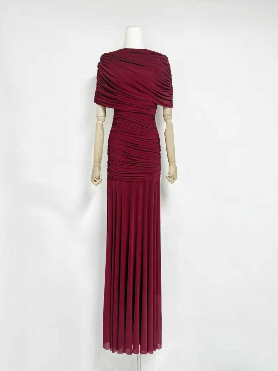 VGH Luxury Galas Event Black Sheer Mesh Ruched Maxi Dress for Women O Neck Short Sleeves Bodycon Silhouette Skirt for Red Carpet