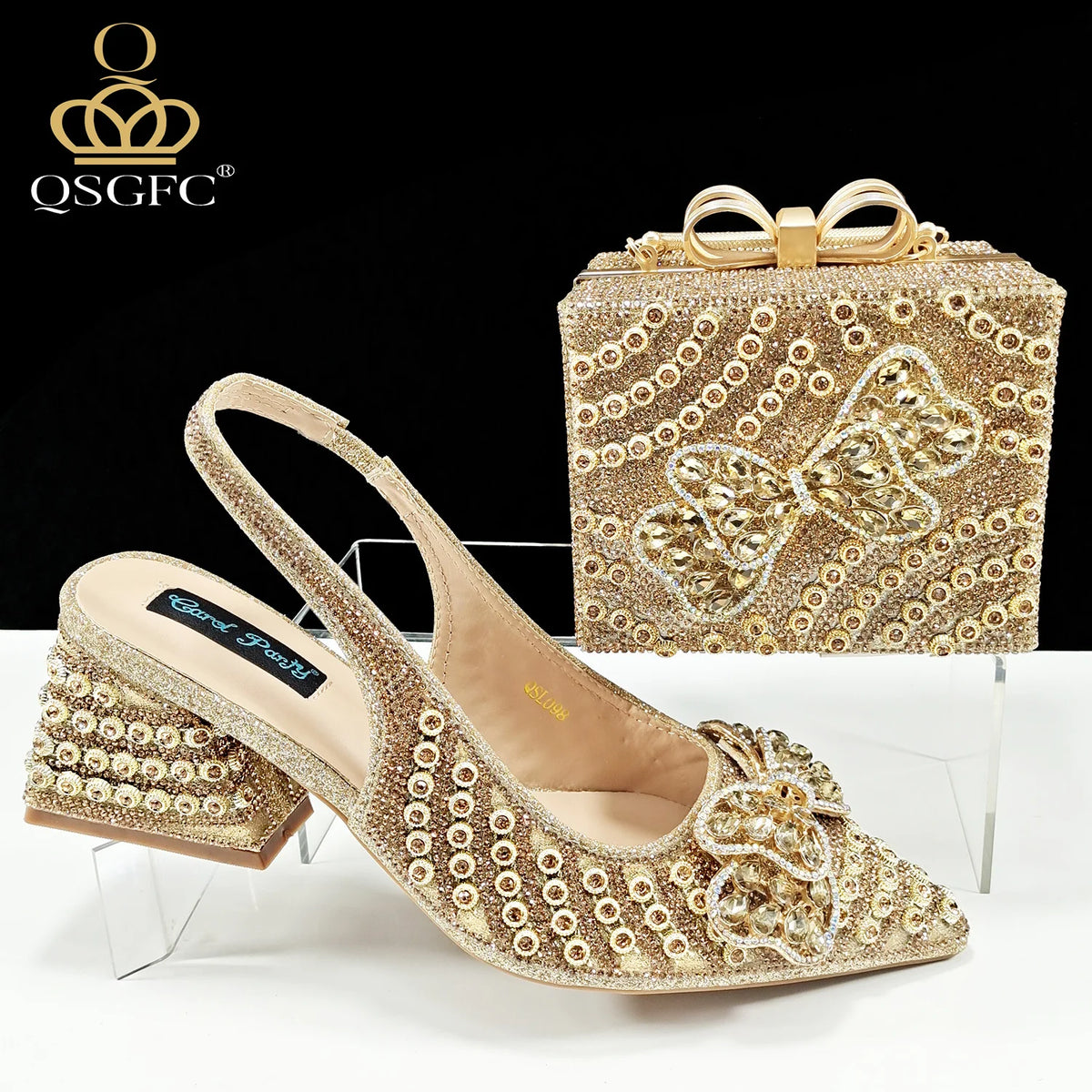2026 New Arrival Italian-Inspired Champange Rhinestone Pointed Toe Women’s High Heels with Matching Handbag Set Elegant Wedding