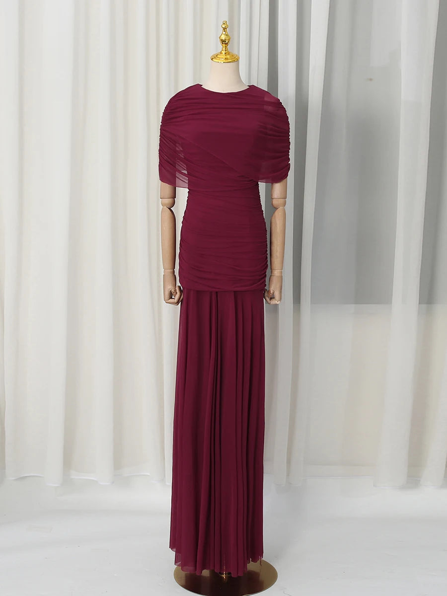 VGH Luxury Galas Event Black Sheer Mesh Ruched Maxi Dress for Women O Neck Short Sleeves Bodycon Silhouette Skirt for Red Carpet