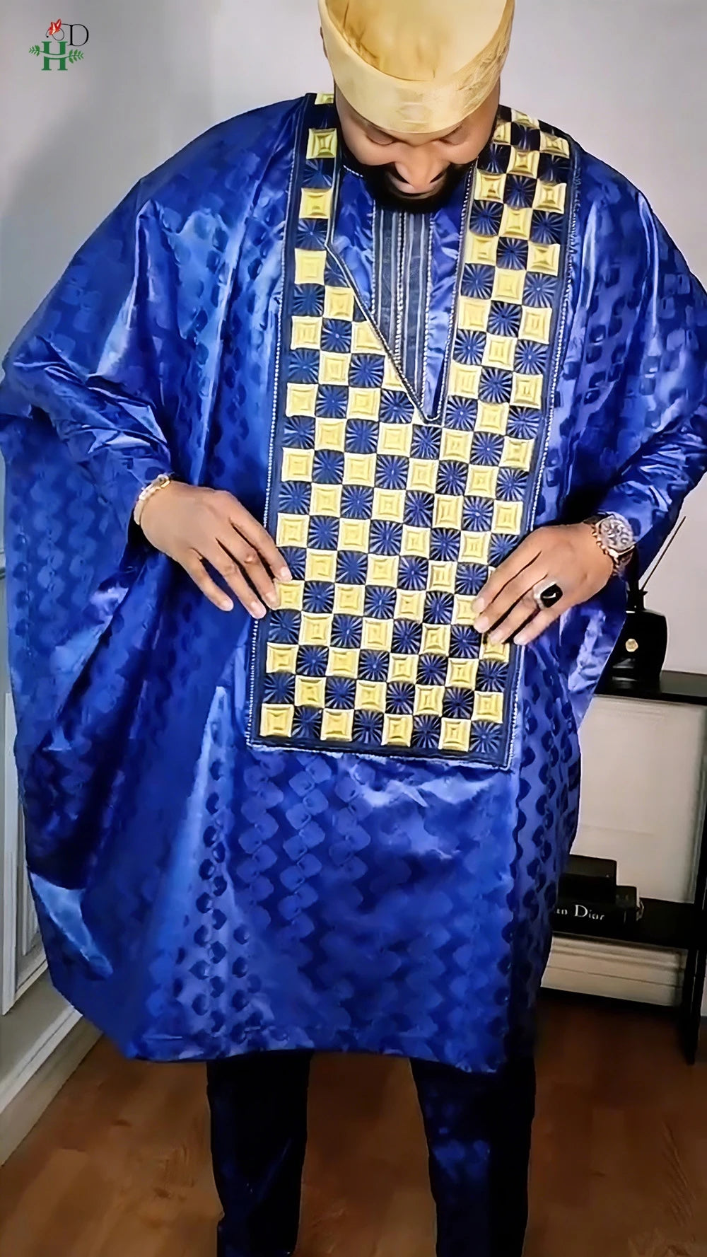 Men's African Agbada 3-Piece Set | Blue Bazin Riche Embroidery Shirt & Trousers | Wedding & Party