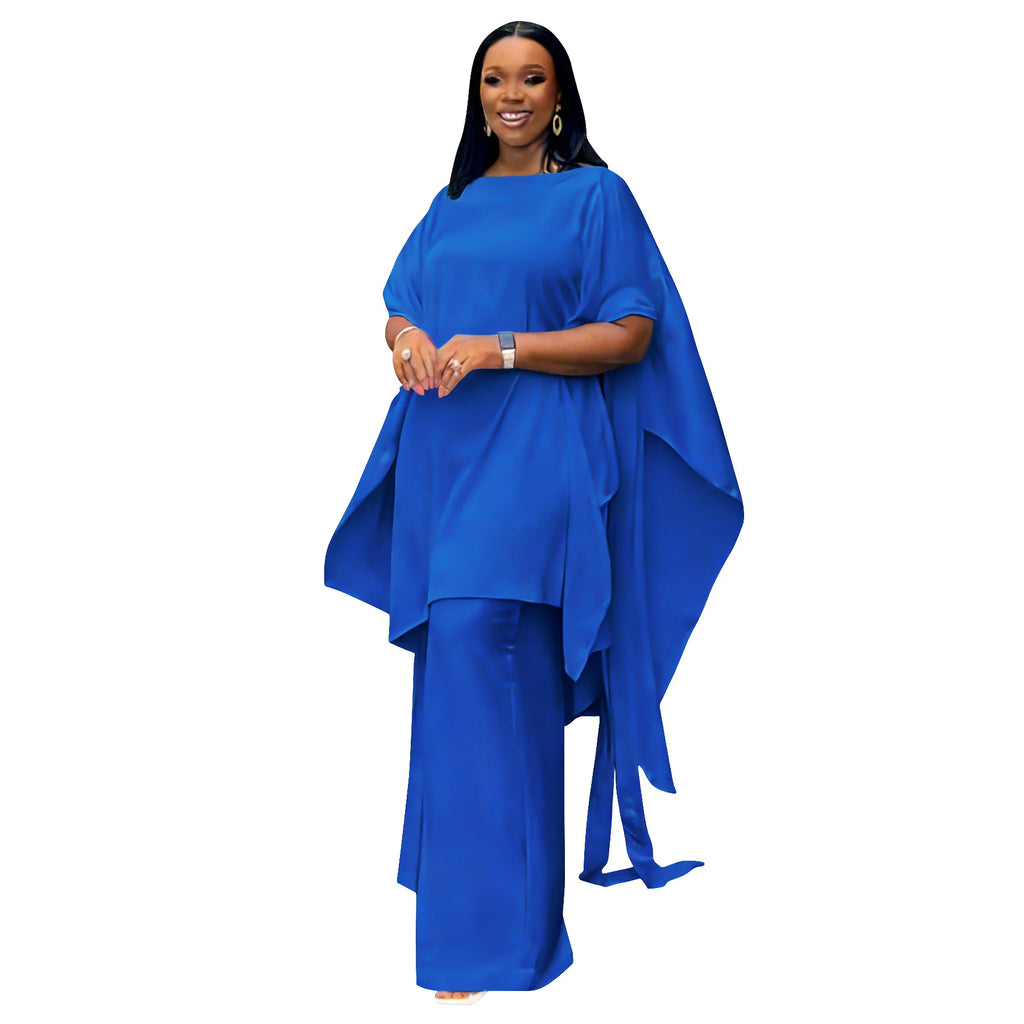 Plus Size Summer N8172 Silk Satin Set Design Shoulder Shawl Top Wide Leg Pants Outfit Elegant Street Style for Women Universa...