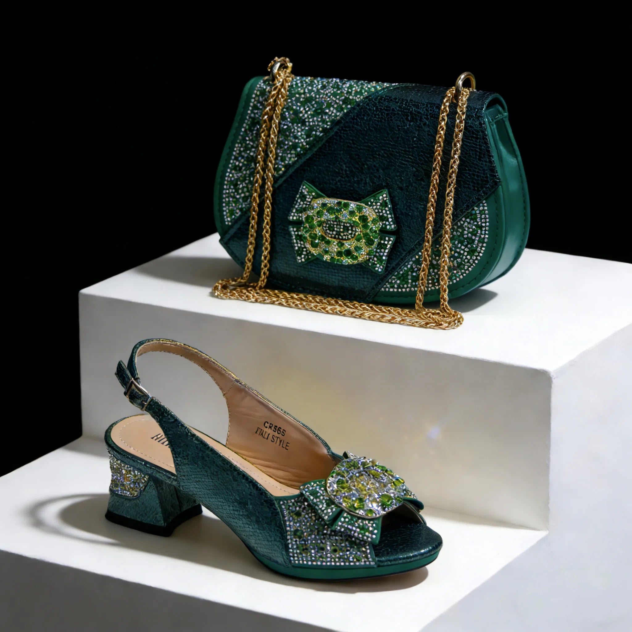 Women Elegant Orange High Heel Shoe and Matching Bag Set with Rhinestone Accents Stylish Peep Toe Design for Party