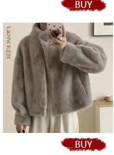 LANMREM Colorful Women's Furry Coat Rose Pink Faux Fur Coat Suit Collar Autumn Winter Thick Cardigan Long Overcoat Chic 2DB5859