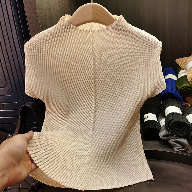 Dragon Scale Pleated Stand Collar Top – Women's Slim Fit Short Sleeve Blouse