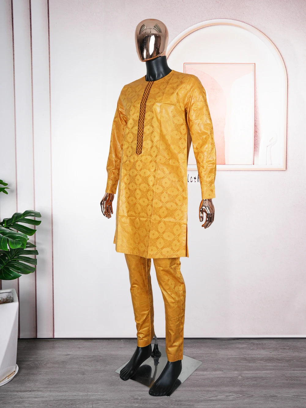 African Men Traditional Embroidery Bazin Riche Dashiki Yellow Shirt Pants 3PCS Bubu Dress Suit