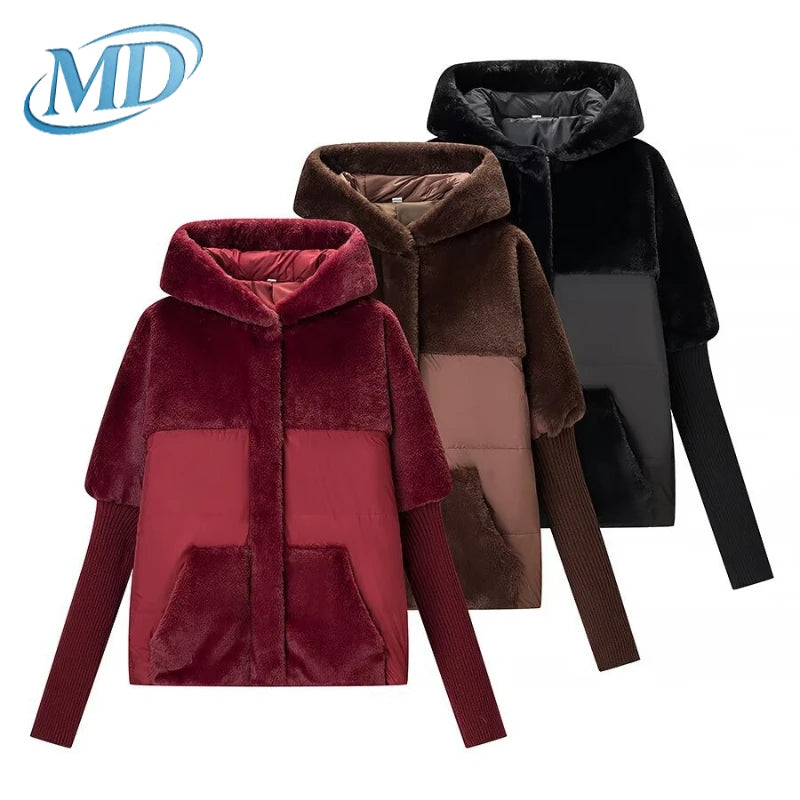 Women Fashion Hooded Patchwork Faux Fur Coat Knitted Sleeve Drop Shoulder Oversize Cotton Coats Autumn Winter 2026 Street Jacket