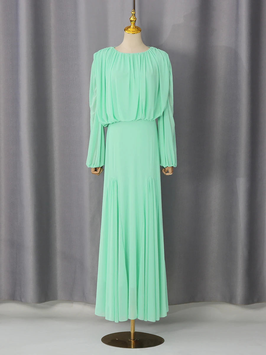 VGH Yellow Dinner Loose Folds Maxi Dresses for Women O Neck Shoulder Pud High Waist Temperament Dress Female Fashion Clothing