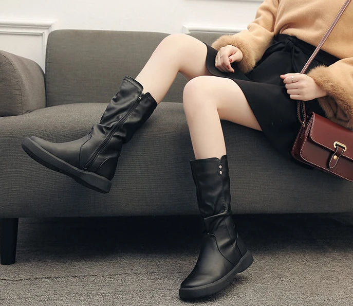 Footwear Half High Mid Calf Ladies Boots Flat Black Shoes For Women Round Toe Chic Point Hot Promotion Fashion 2025 Demi-season