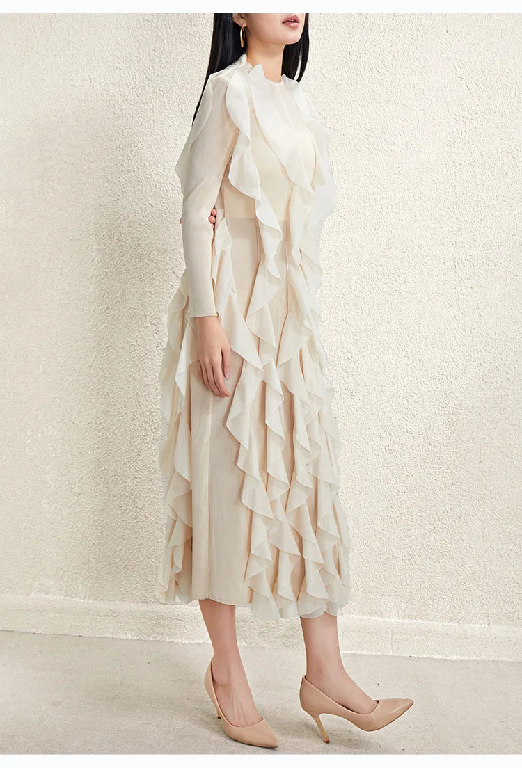 Miyake Style Pleated Dress for Women 2025 Solid Color Round Neck Long Sleeve Loose Large Size Ruffled Irregular Long Skirt