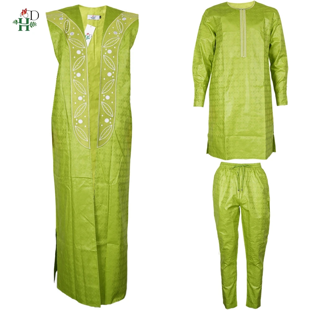 H&D 2026 Bazin Riche Embroidery Plus Size African Clothing For Man Traditional Agbada Sets Dubai Thobe Pant Wedding Party Suit