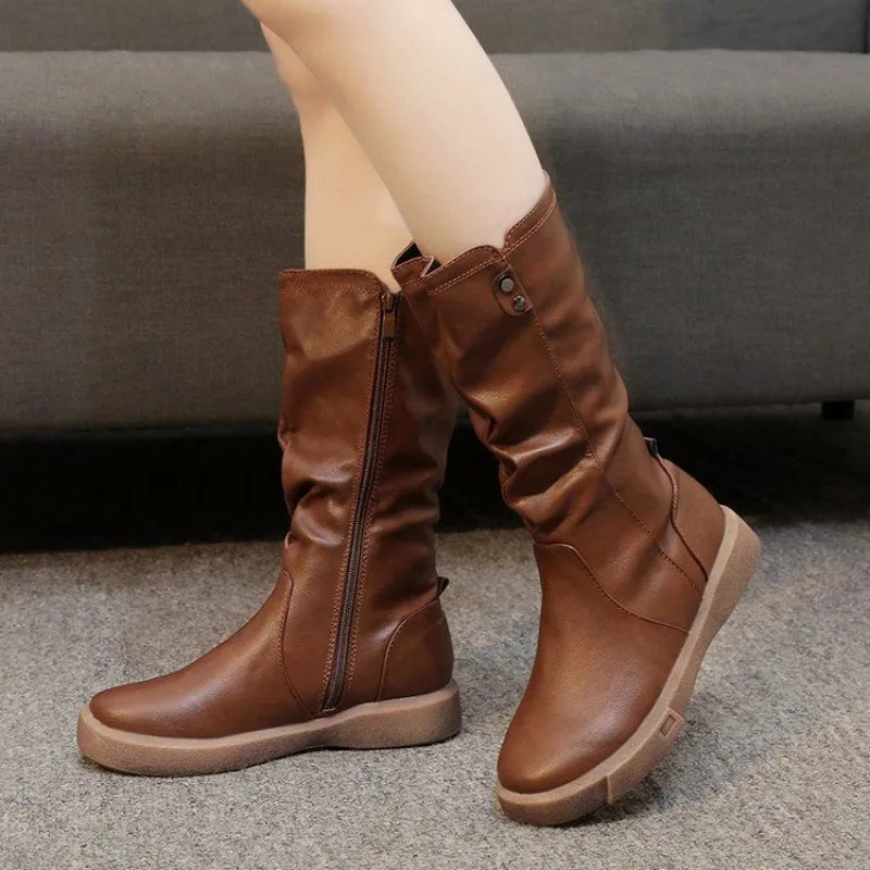 Footwear Half High Mid Calf Ladies Boots Flat Black Shoes For Women Round Toe Chic Point Hot Promotion Fashion 2025 Demi-season