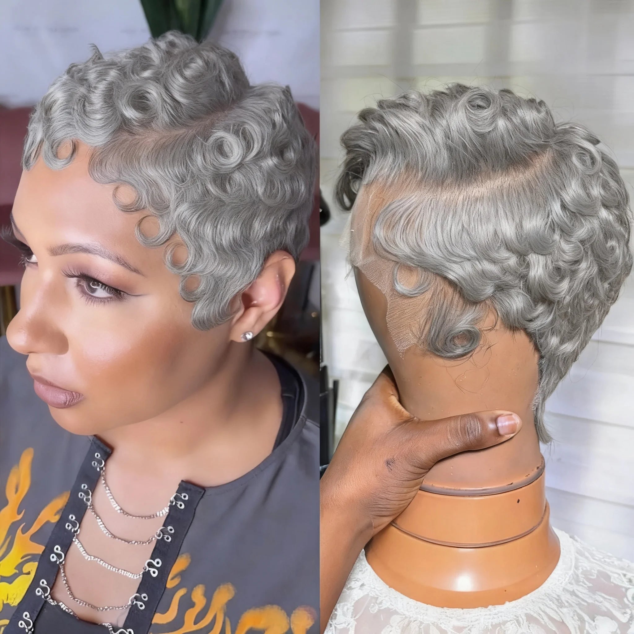 gray 613# Short Pixie Cut Lace Front Wigs 13x4 Human Hair Curly Lace Wig Side Part Pre Plucked with Baby Hair Natural Color Braz