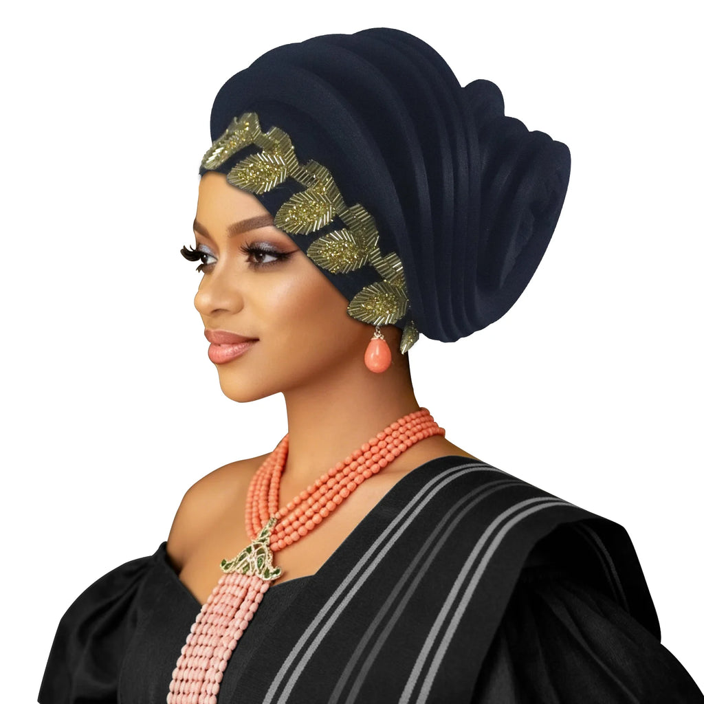 Pre-Made African Diamond Auto Gele | Nigerian Wedding Headtie Turban Cap & Head Wrap | AvantBah